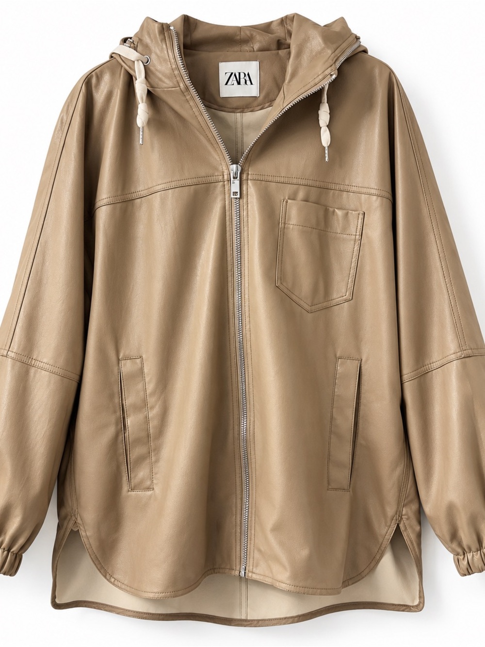 Zara Beige Faux Leather Oversized Hooded Jacket